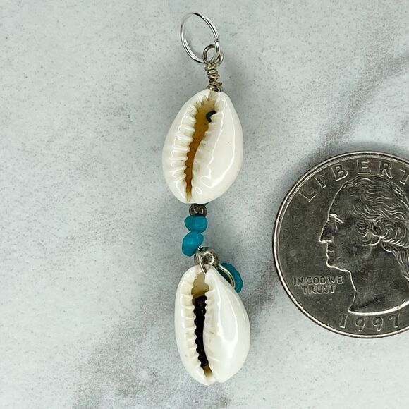 Faux Turquoise Beaded Cowrie Shell Upcycled Pendant - Picture 2 of 4